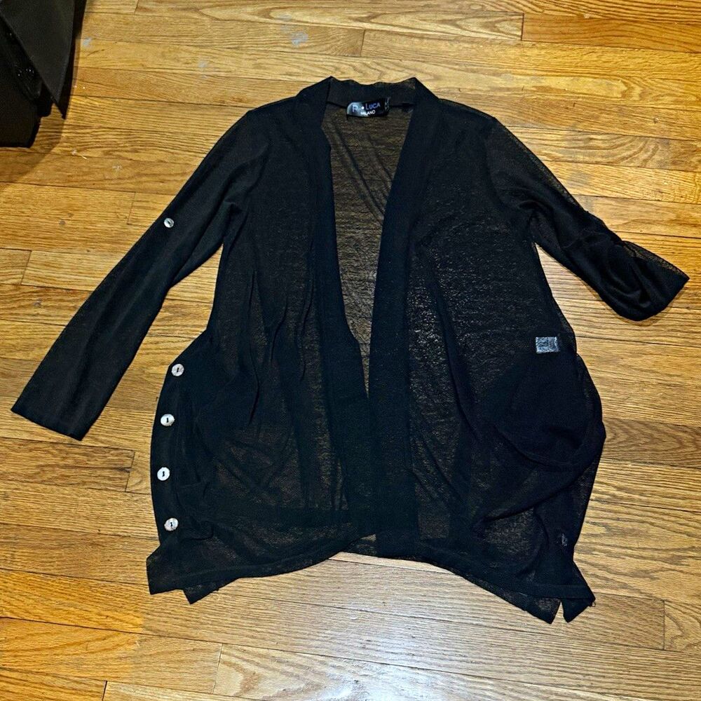 P. Luca Milano Black Open-Front Sheer V-Neck Lightweight Knit Cardigan Button S